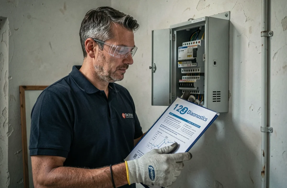 Technicien de 1 2 3 Diagnostics Immobiliers réalisant un contrôle électrique dans une maison du Nord