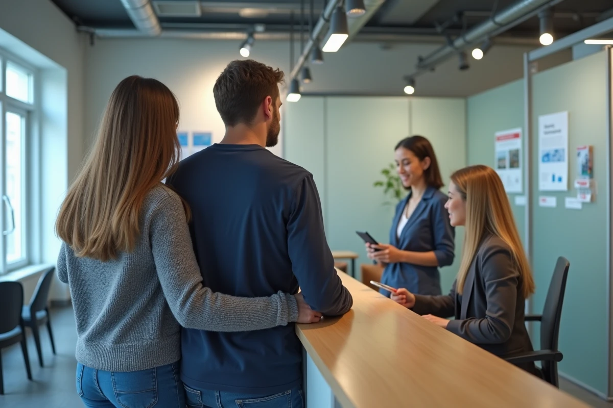 Un couple en démarche d'attribution de logement HLM à l'accueil d'un office de logement social à Levallois-Perret