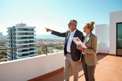 Un couple marocain examine une brochure immobilière sur une terrasse avec vue sur Agadir, illustrant l'achat d'appartement dans la ville