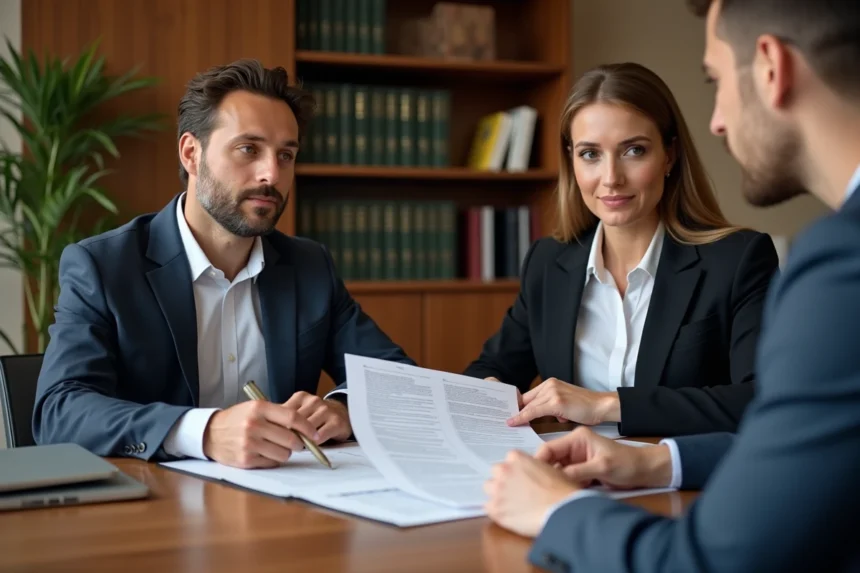 Deux co-acquéreurs en réunion avec un notaire pour signer des documents d'achat immobilier en indivision