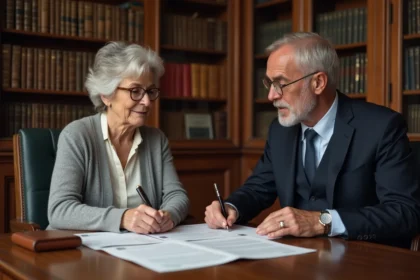 Une femme âgée et un notaire examinent ensemble les documents d'un achat en viager dans un office notarial traditionnel