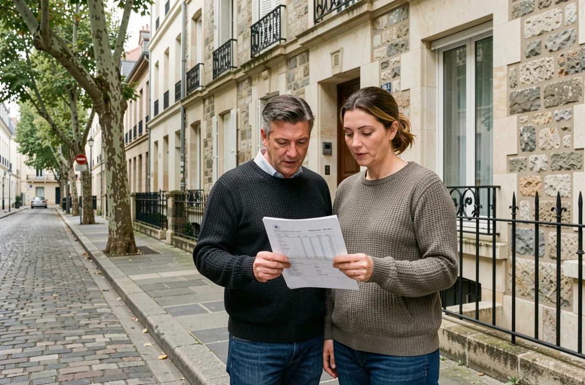 Couple d'acheteurs immobiliers consultant les données de vente DVF devant une maison en pierre à vendre