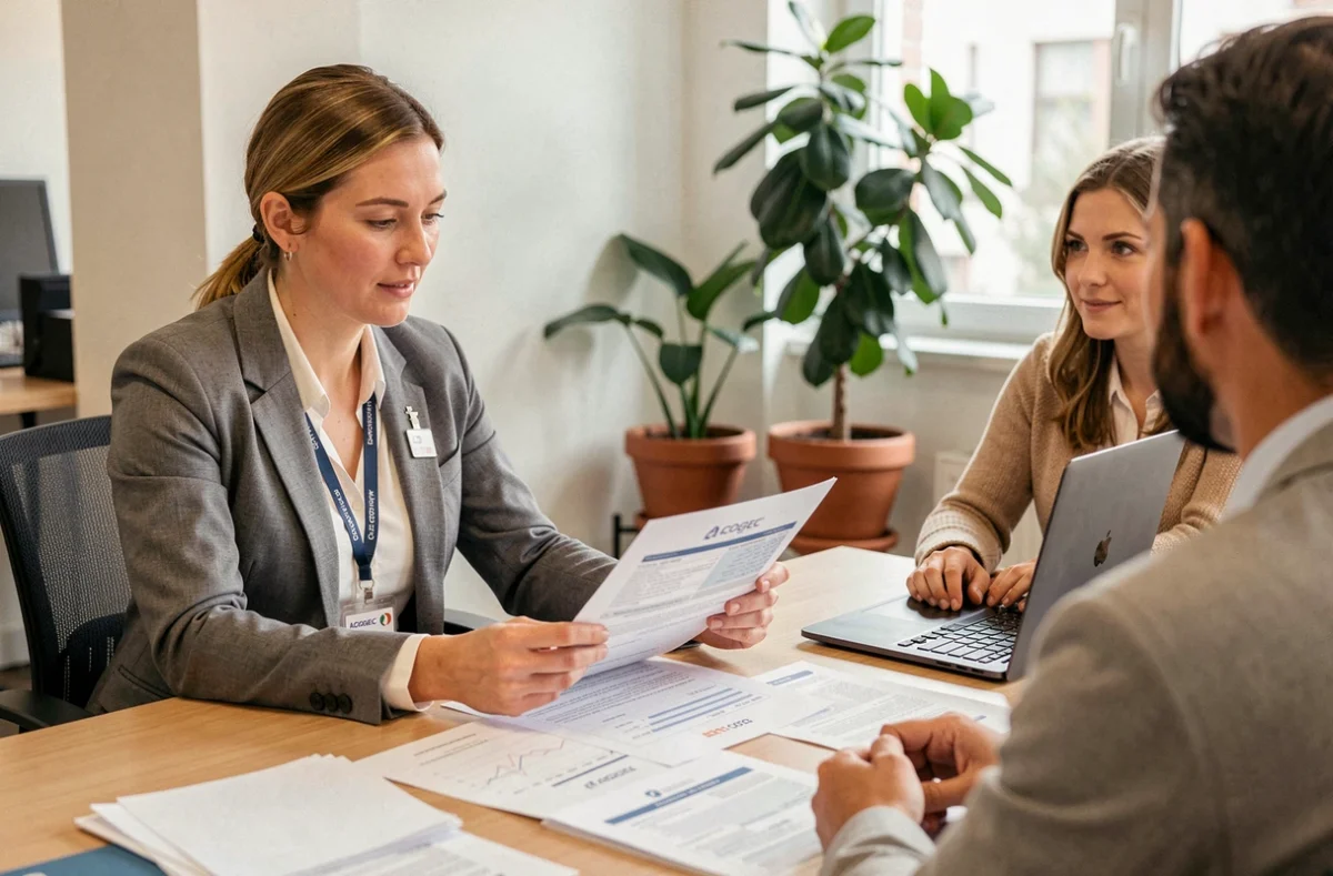 Consultante Acogec présentant des rapports de diagnostic immobilier à des clients dans un bureau