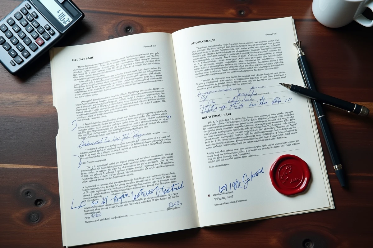 Gros plan sur un acte notarié avec annotations manuscrites et cachet officiel illustrant les frais de notaire en viager