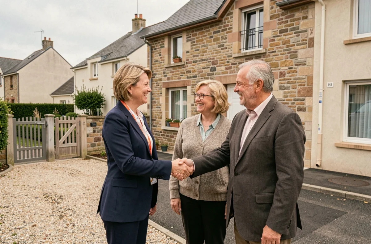 Représentante du réseau Agence Blot Immobilier Nantes Buat serrant la main de clients devant une maison vendue dans un quartier résidentiel