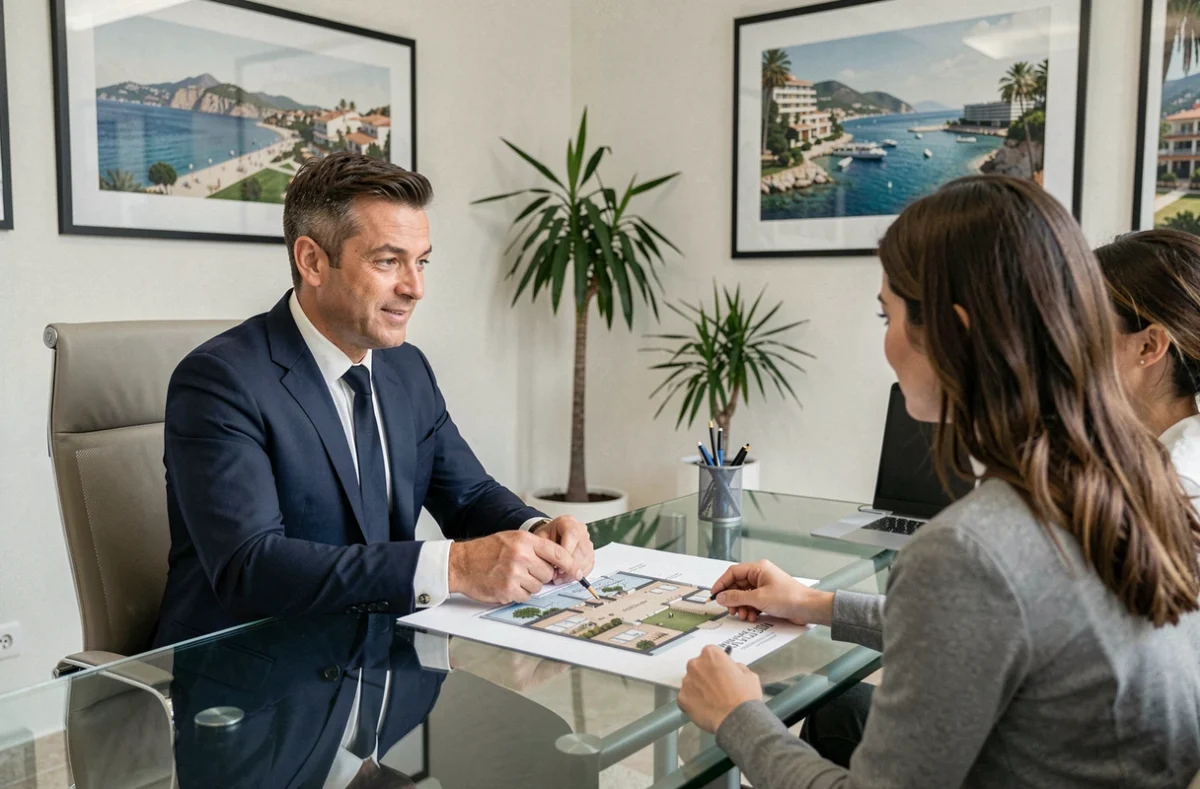 Agent immobilier présentant un plan de résidence à des clients dans une agence moderne à Monaco