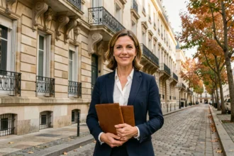 Agent immobilière professionnelle devant un immeuble haussmannien typique des Pays de la Loire, illustrant le marché immobilier régional