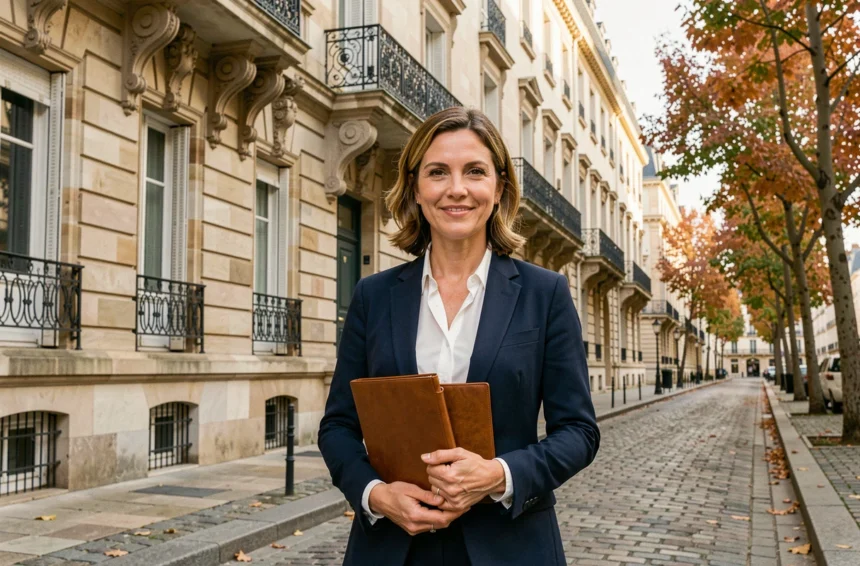 Agent immobilière professionnelle devant un immeuble haussmannien typique des Pays de la Loire, illustrant le marché immobilier régional