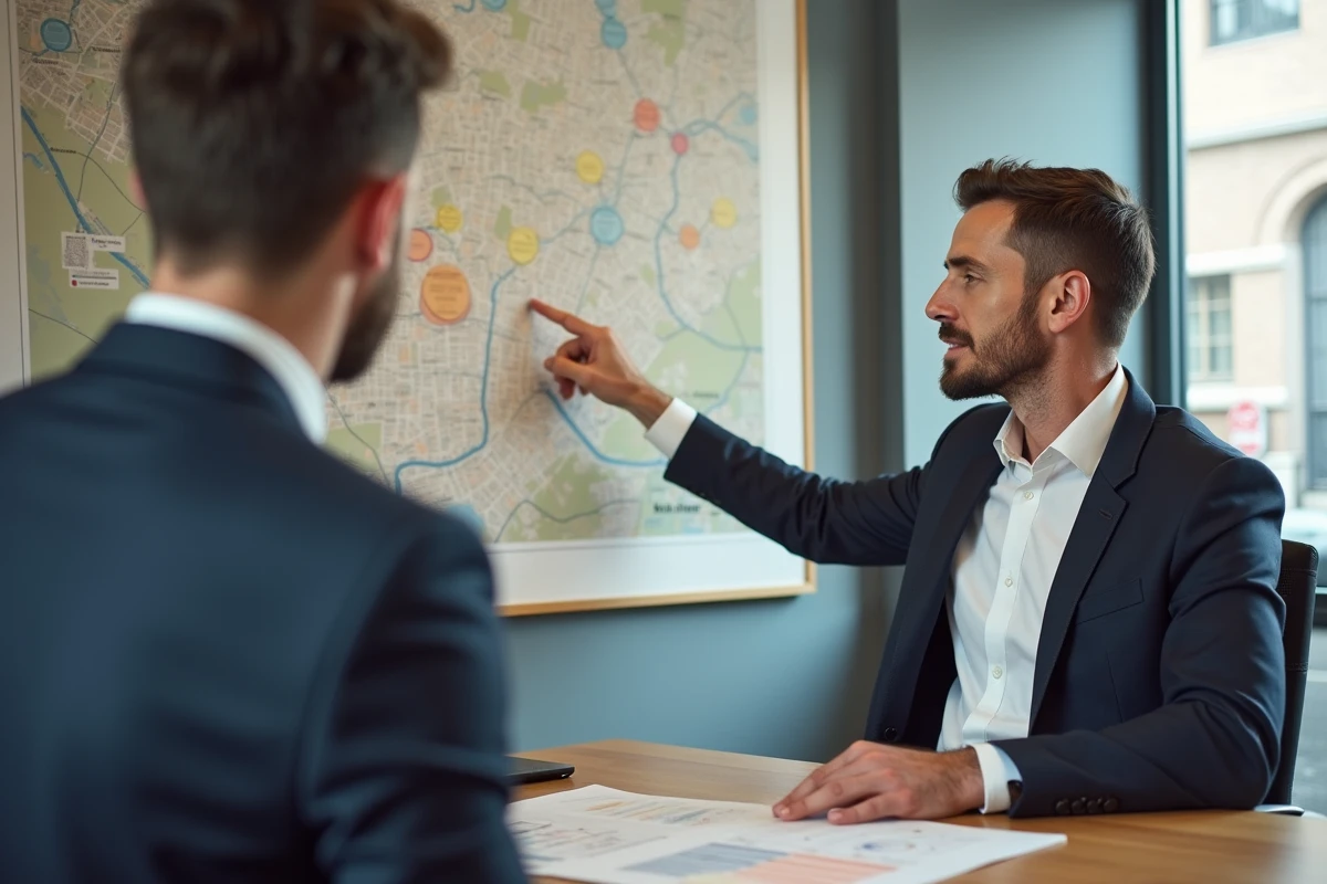 Agent immobilier expliquant les prix des loyers par quartier à Lyon avec une carte affichée au mur