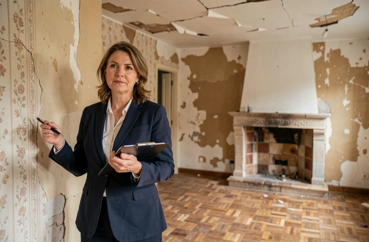 Agent immobilier inspectant l'intérieur délabré d'une maison abandonnée à vendre en banlieue parisienne