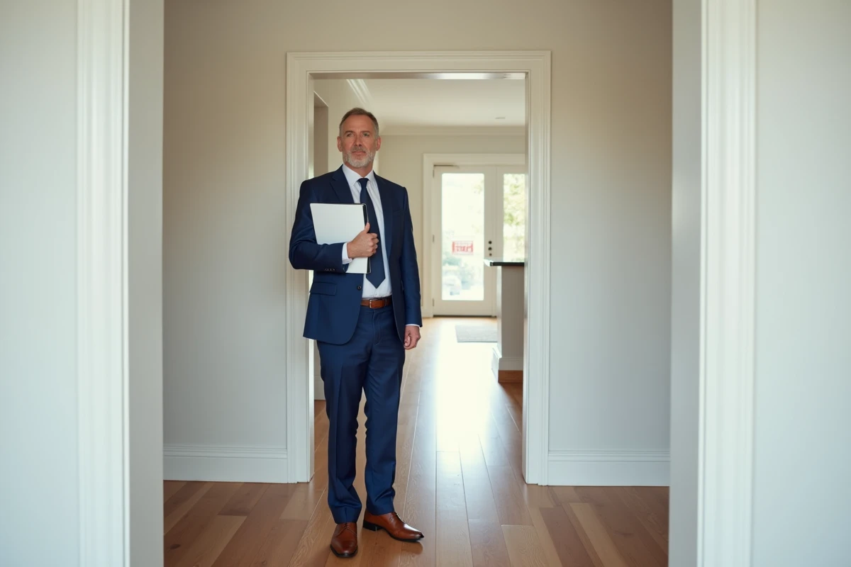 Agent immobilier dans une maison vide à vendre avec des documents de vente immobilière urgente