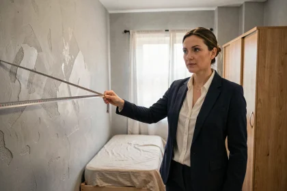 Agent immobilière mesurant la superficie d'une petite chambre de location avec un mètre ruban métallique