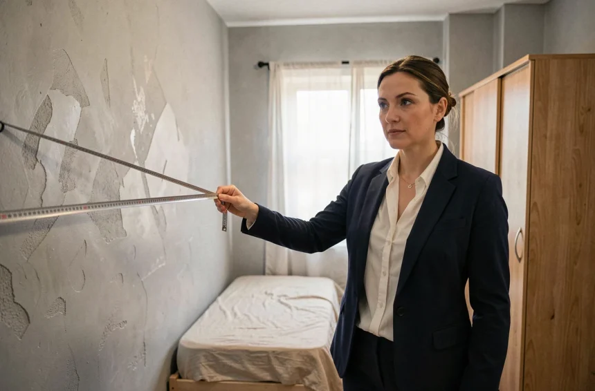 Agent immobilière mesurant la superficie d'une petite chambre de location avec un mètre ruban métallique