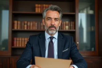 Agent immobilier de prestige consultant un dossier confidentiel dans un bureau élégant pour une vente discrète
