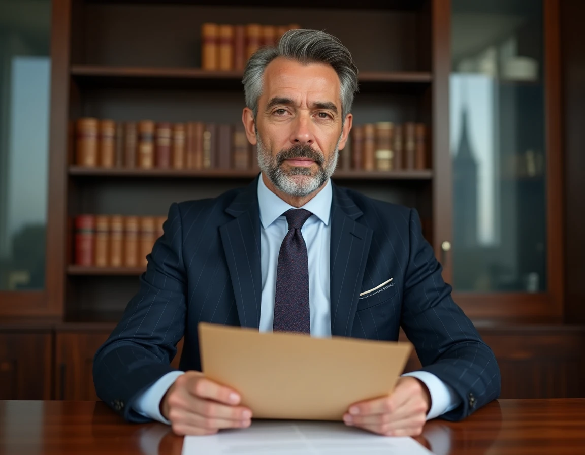 Agent immobilier de prestige consultant un dossier confidentiel dans un bureau élégant pour une vente discrète