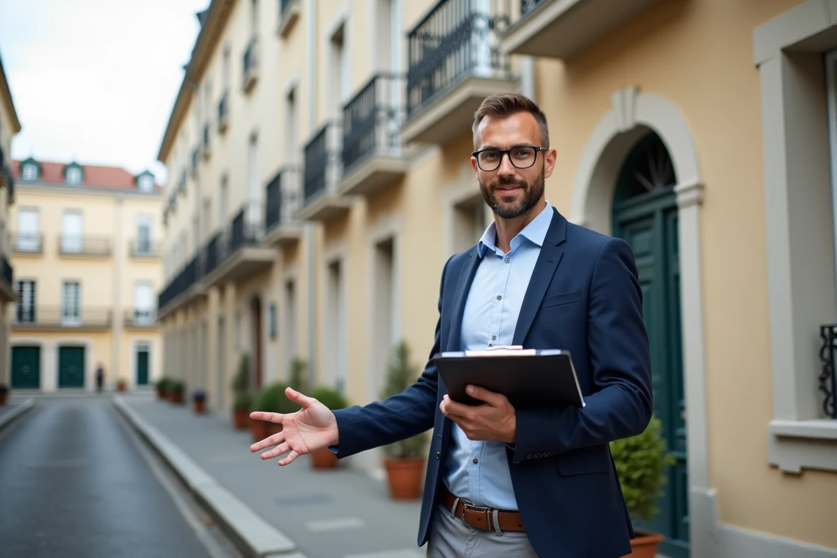 Agent immobilier présentant un studio disponible à la location devant un immeuble de La Roche-sur-Yon