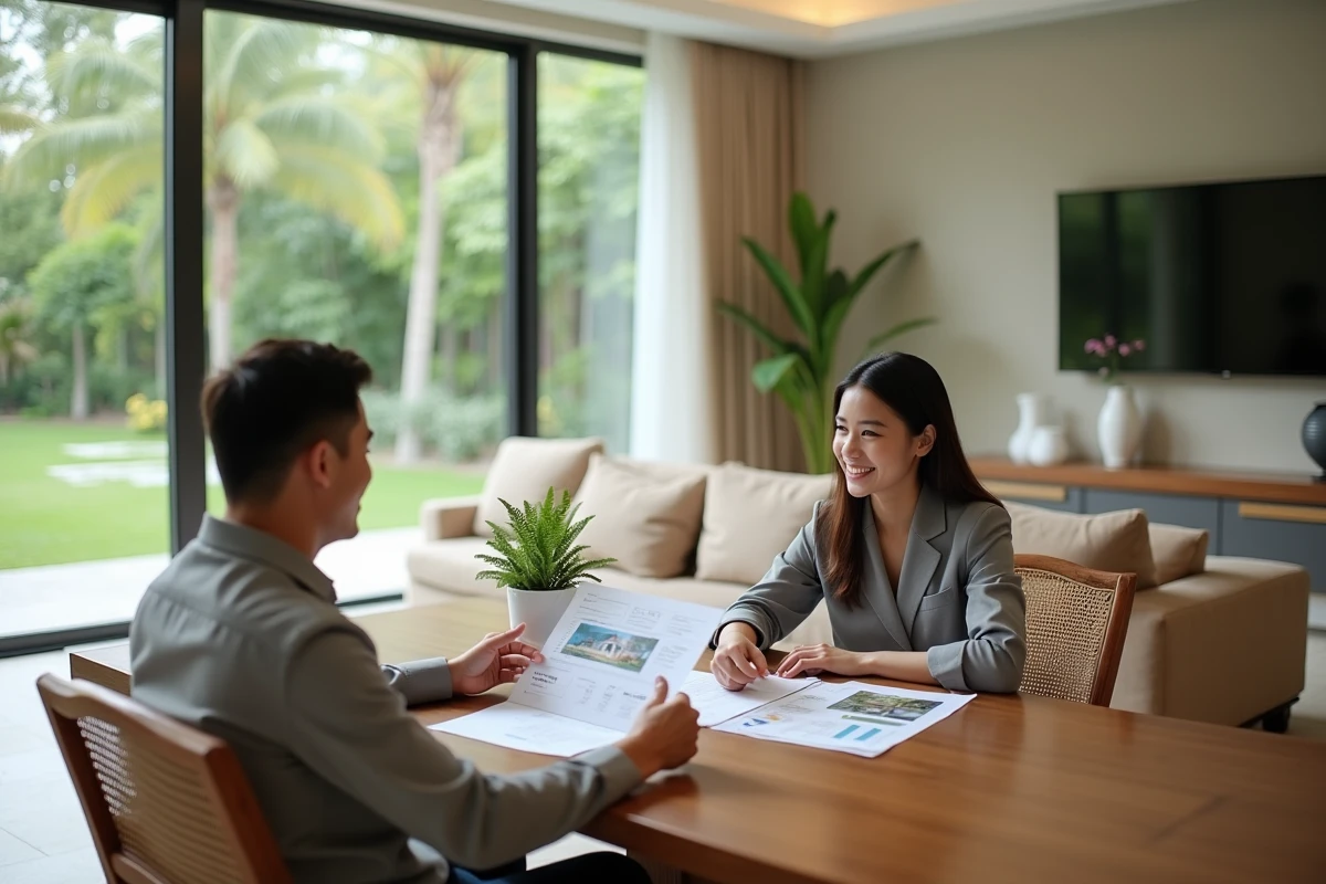 Agent immobilier présentant un portfolio dans une villa lumineuse
