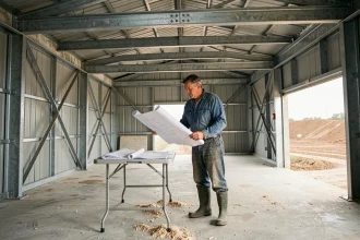 Agriculteur examinant les plans de construction d'un hangar agricole en acier, négociation de prix au m2
