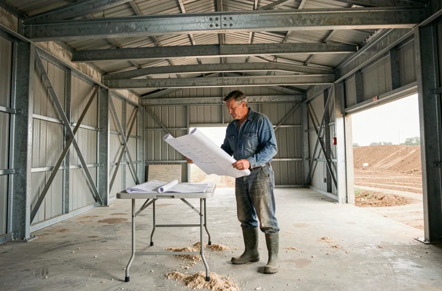 Agriculteur examinant les plans de construction d'un hangar agricole en acier, négociation de prix au m2