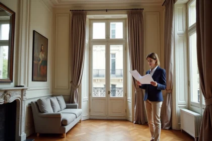 Intérieur d'un appartement haussmannien parisien avec parquet en point de Hongrie, moulures et fenêtres donnant sur un boulevard, illustrant le marché immobilier parisien 2026