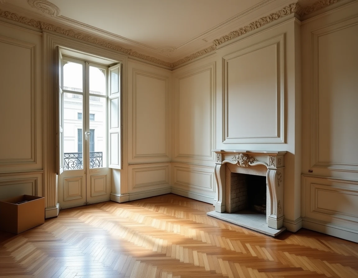 Appartement haussmannien vide avec parquet en chevrons et hautes fenêtres à volets, illustrant la problématique des logements vacants