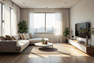 Salon lumineux d'un appartement moderne avec grande fenetre