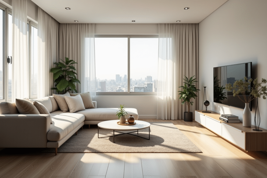 Salon lumineux d'un appartement moderne avec grande fenetre
