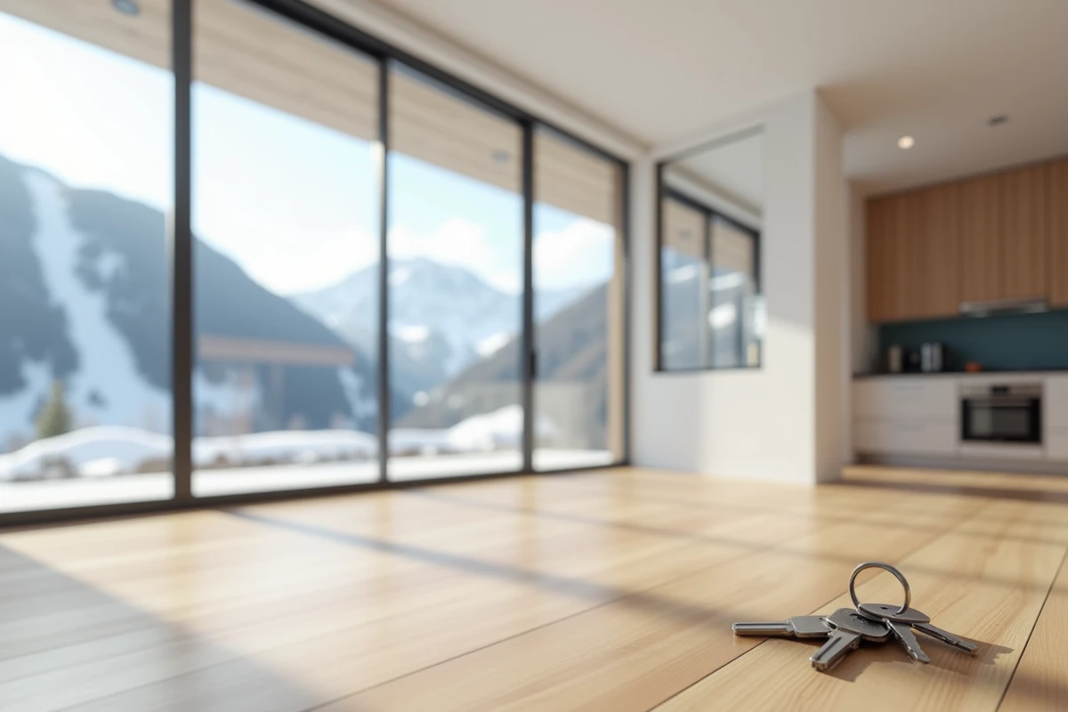 Intérieur d'un appartement neuf livré en VEFA aux Menuires avec vue panoramique sur les pistes de ski