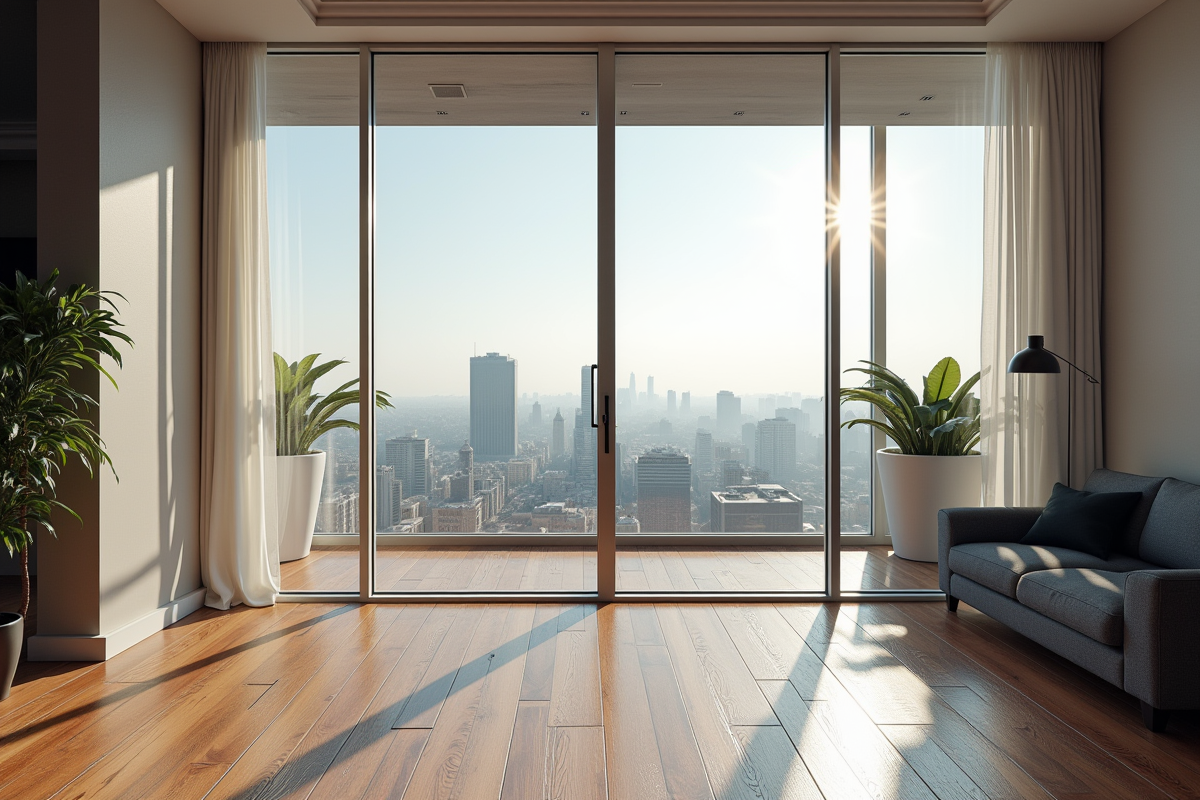 Appartement vide à vendre avec grandes fenêtres et vue urbaine