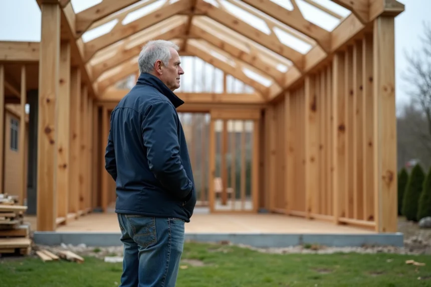 Architecte examine poutres en bois d'une maison de luxe