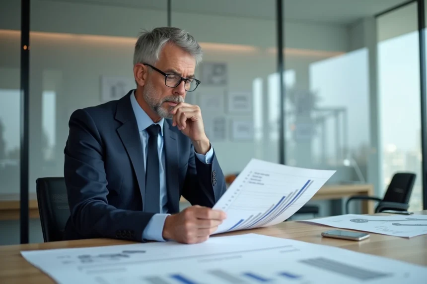 Architecte en costume bleu examinant des plans de construction