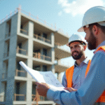 Architecte avec plan discutant sur un chantier moderne