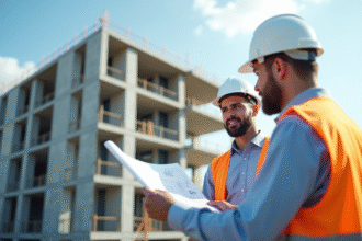 Architecte avec plan discutant sur un chantier moderne