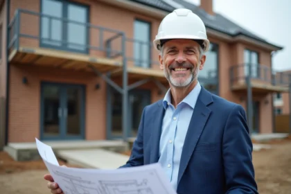 Architecte confiant devant une maison en construction