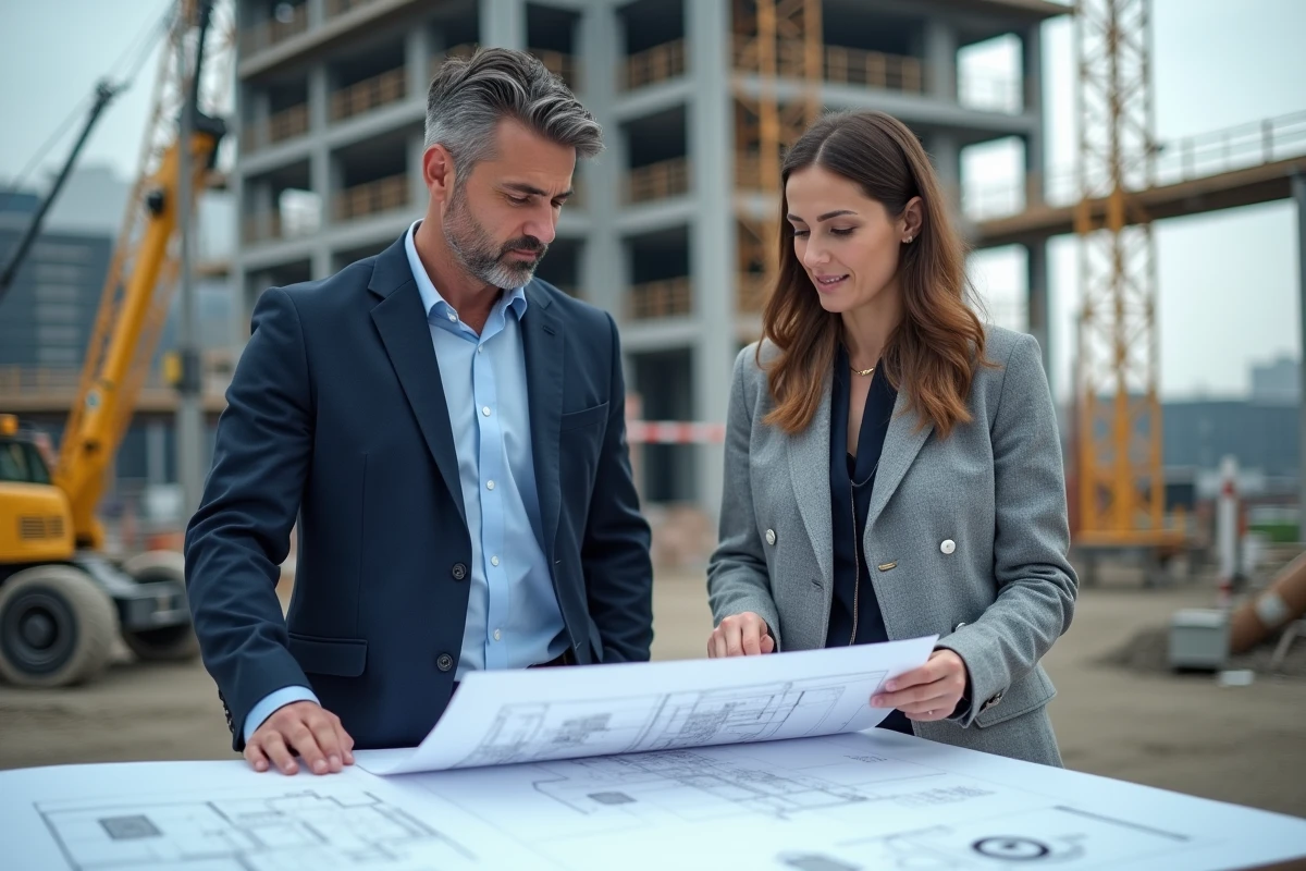 Architecte et promoteur immobilier en réunion sur chantier de projet mixte Urban Group bureaux et logements