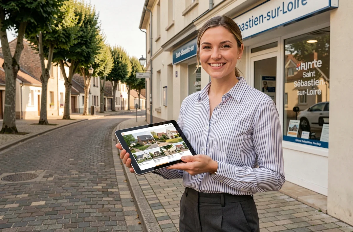 Agente Arthurimmo.com Gadel Immobilier tenant une tablette devant l'agence à Saint-Sébastien-sur-Loire