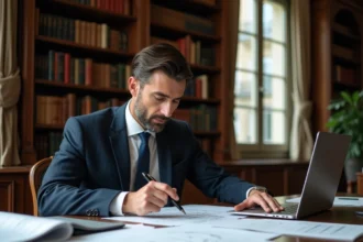 Avocat immobilier consultant des documents fiscaux sur un logement vacant dans un bureau parisien classique