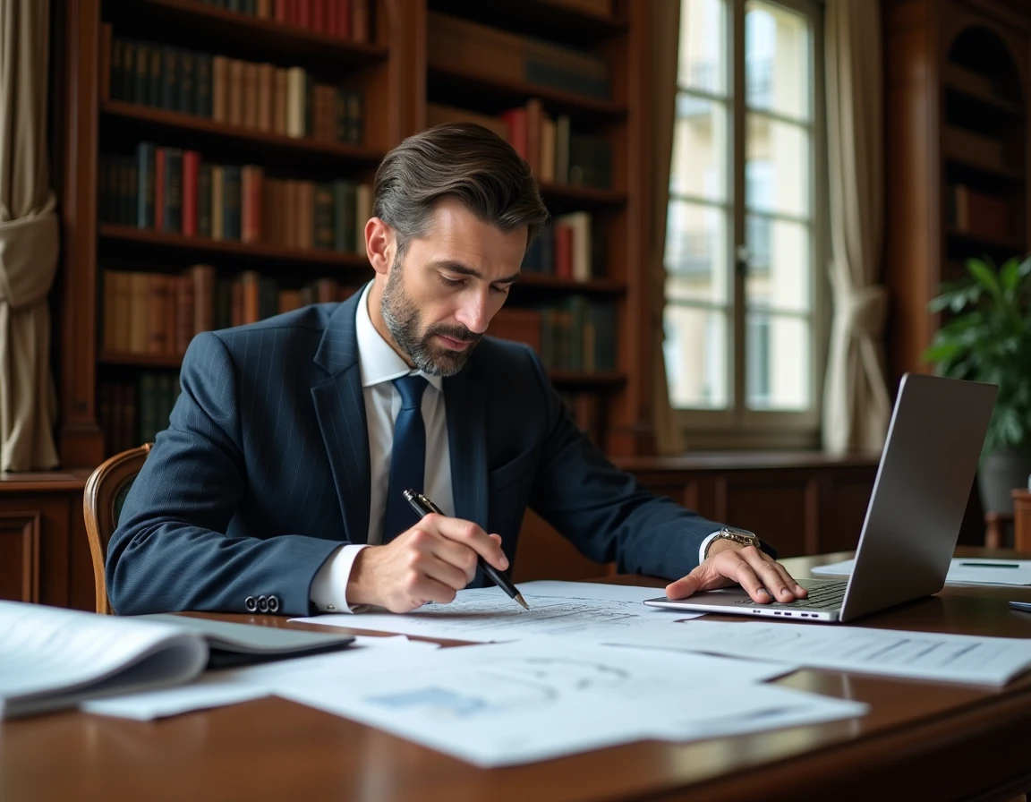 Avocat immobilier consultant des documents fiscaux sur un logement vacant dans un bureau parisien classique