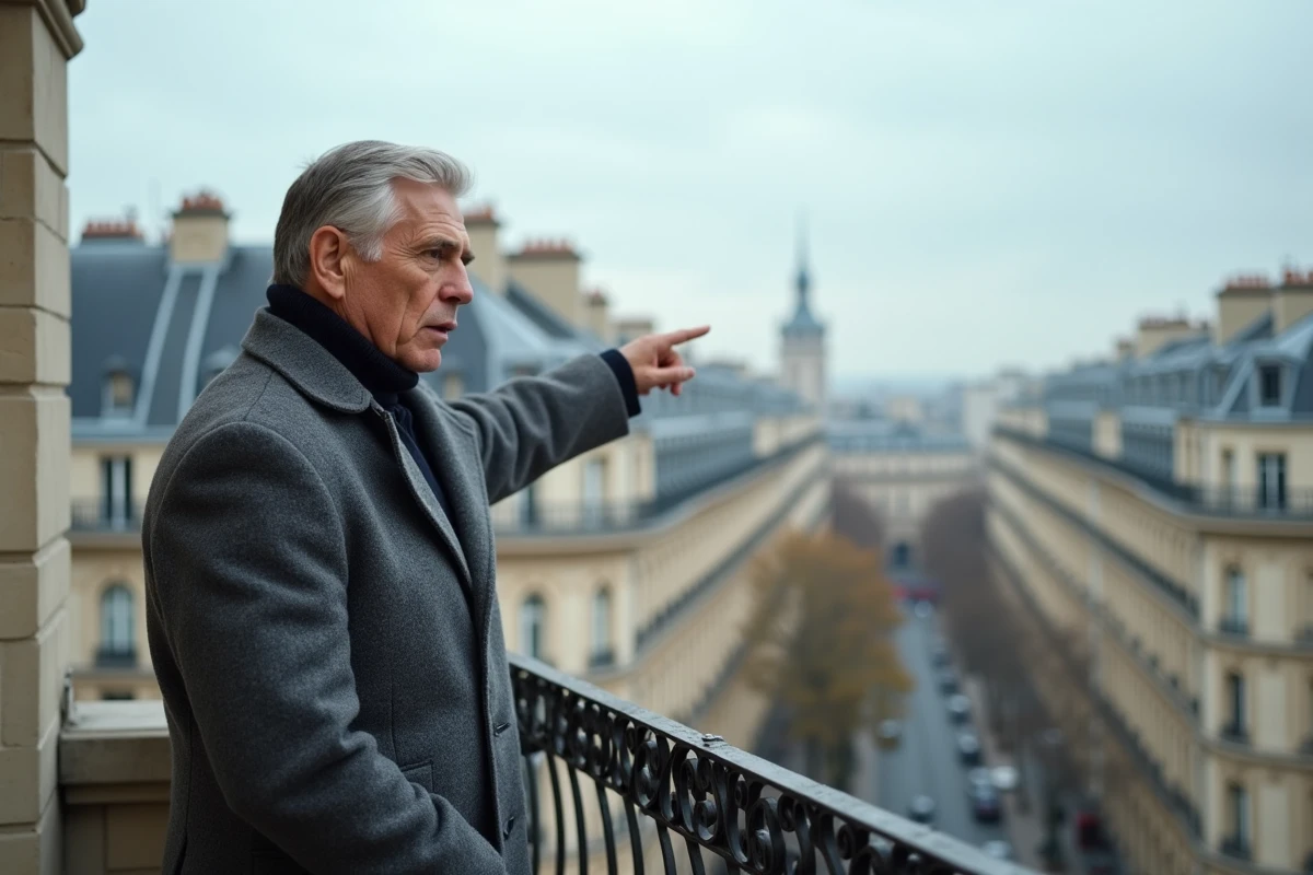 Homme sur un balcon haussmannien à Paris observant les immeubles typiques, évoquant l'estimation du prix de l'immobilier parisien en 2026