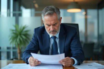 Banquier homme en costume bleu dans un bureau moderne