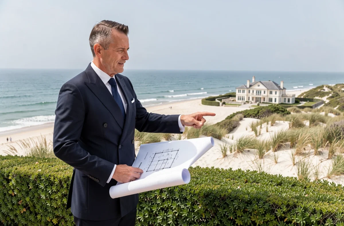 Agent immobilier de prestige Barnes La Baule sur une terrasse côtière face à l'Atlantique avec une villa de luxe en arrière-plan