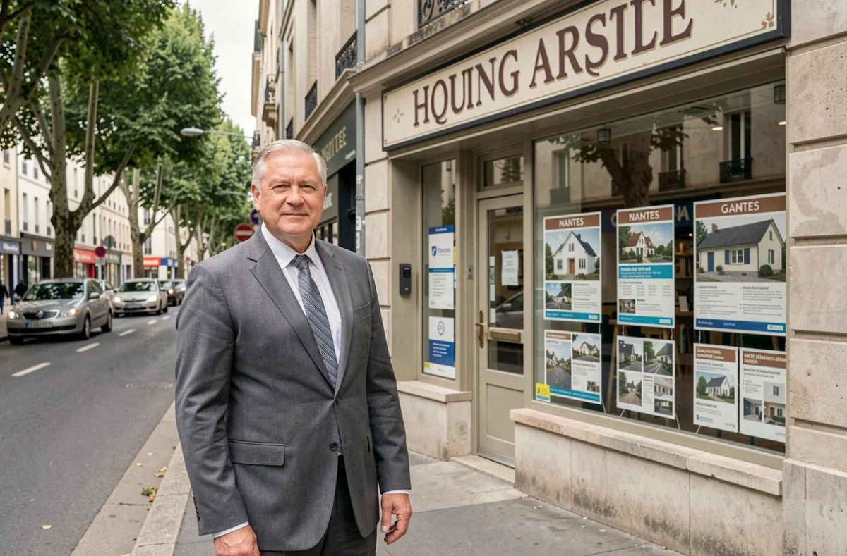 Agent senior de BRAS Immobilier devant la vitrine historique de l'agence sur la route de Vannes à Nantes