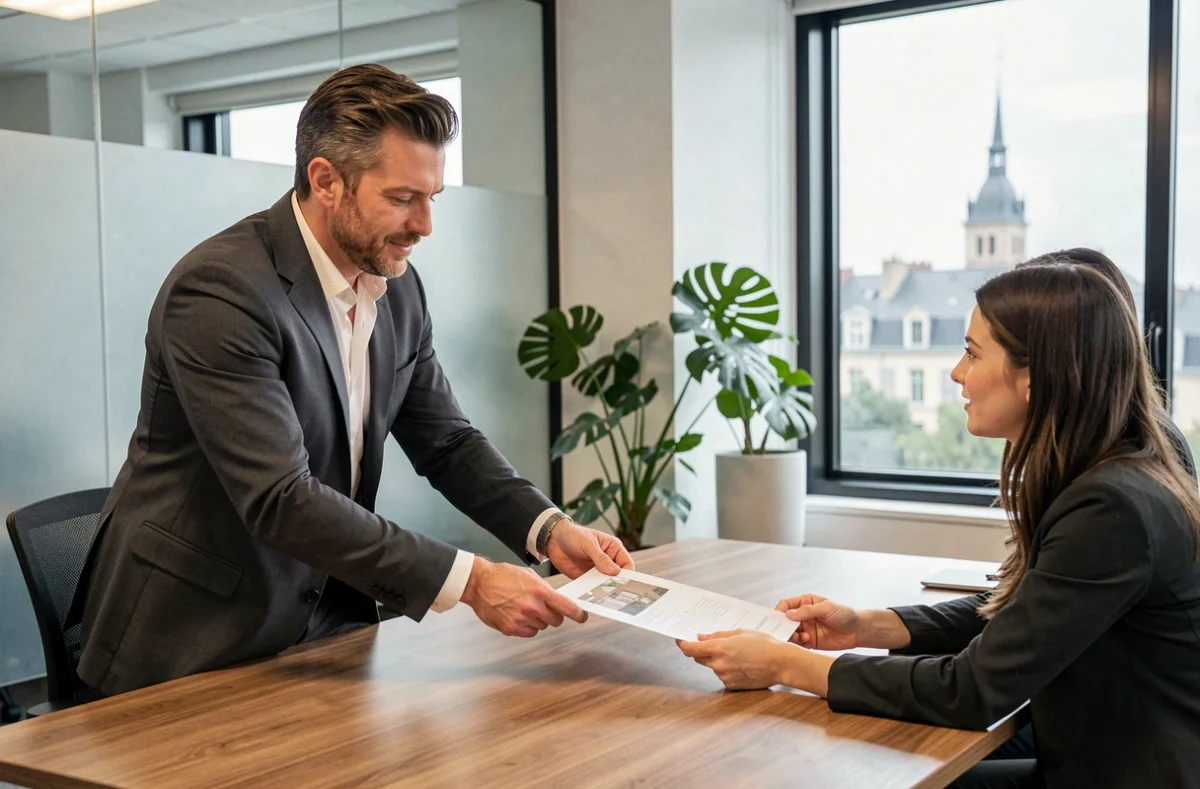 Conseiller immobilier BVBA présentant des documents à des clients dans une agence moderne à Nantes
