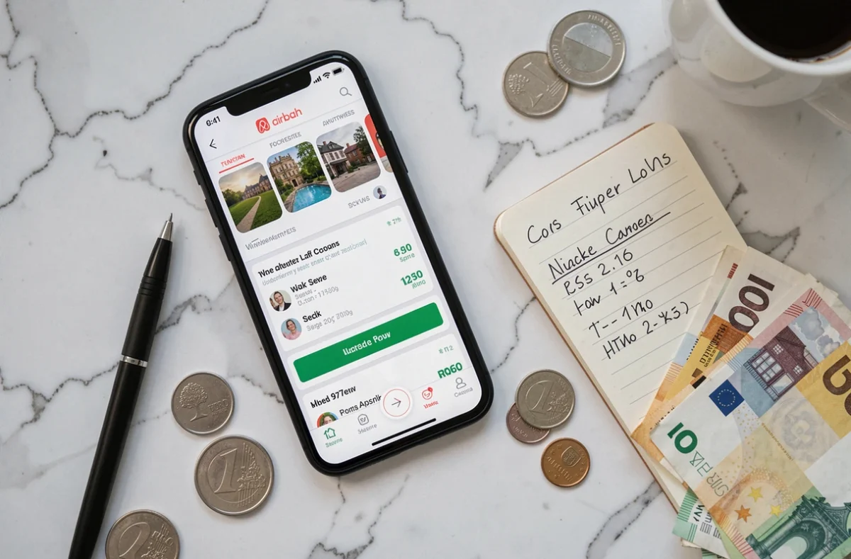Vue aérienne d'un calcul de frais de ménage Airbnb avec smartphone et notes manuscrites sur un bureau