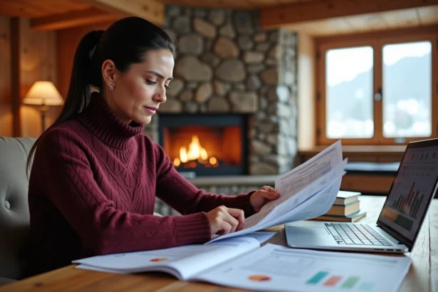 Femme analysant la rentabilité d'un achat immobilier dans un chalet alpin aux Menuires