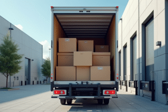 Camion de déménagement de 15m3 devant un entrepôt moderne
