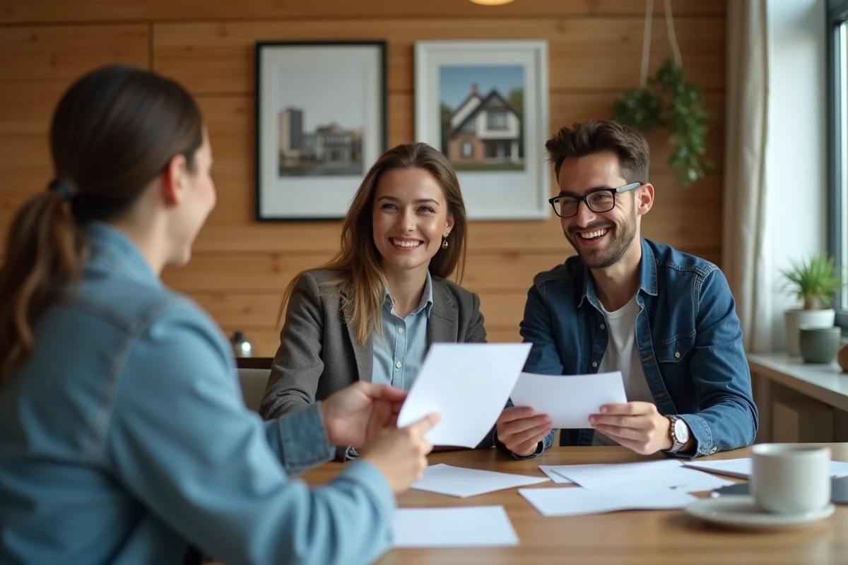Couple de candidats locataires remettant leur dossier à un conseiller immobilier en agence