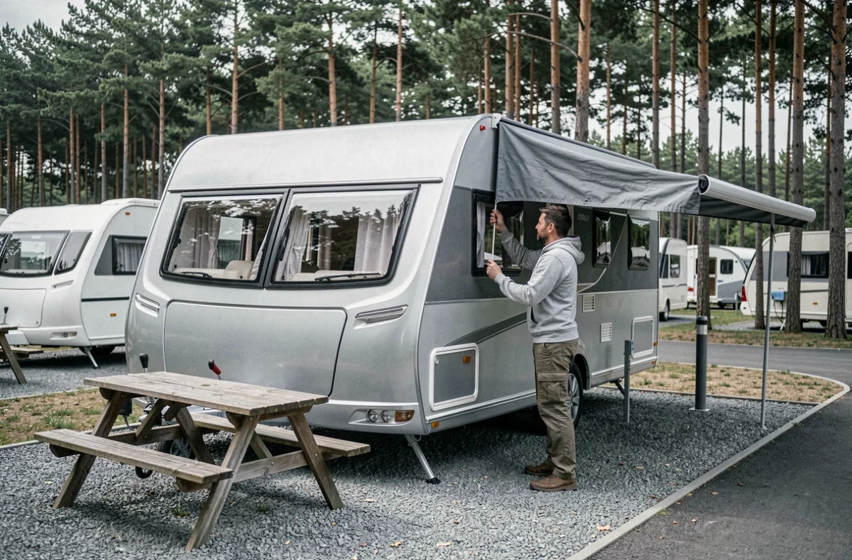 Homme installant un auvent sur une caravane moderne dans un camping aménagé avec branchements et allées gravillonnées, comparaison entre camping et terrain privé pour stationnement longue durée