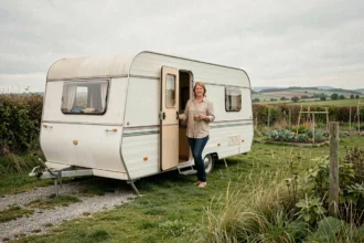 Femme sortant d'une caravane blanche garée sur un terrain rural herbeux entouré de haies et de champs, illustration d'une location de terrain à l'année en zone rurale