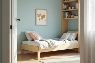 Chambre d'enfant bien organisée de 9 m² avec lit simple en bois, étagères murales colorées et coin lecture aménagé
